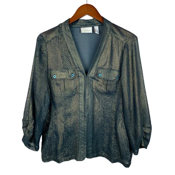 Chicos Teal Gold Shirt Blouse Top Shimmery Pockets 3/4 Sleeves Women's 1 M 8 - Picture 1 of 6